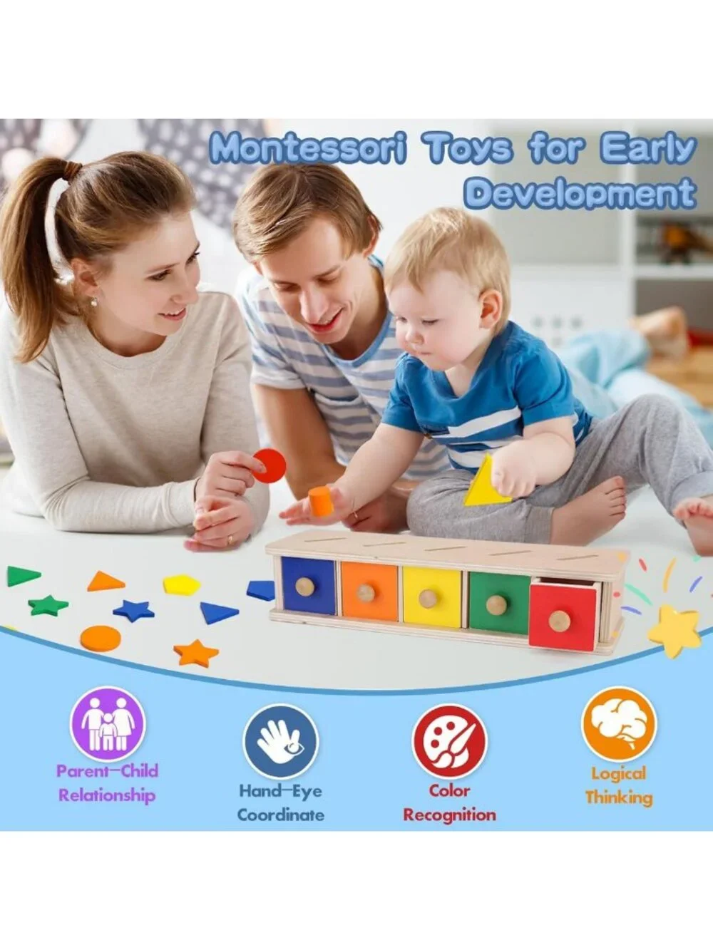 Wooden Montessori Color & Shape Sorter Toy for Toddlers, Preschool Learning Gift